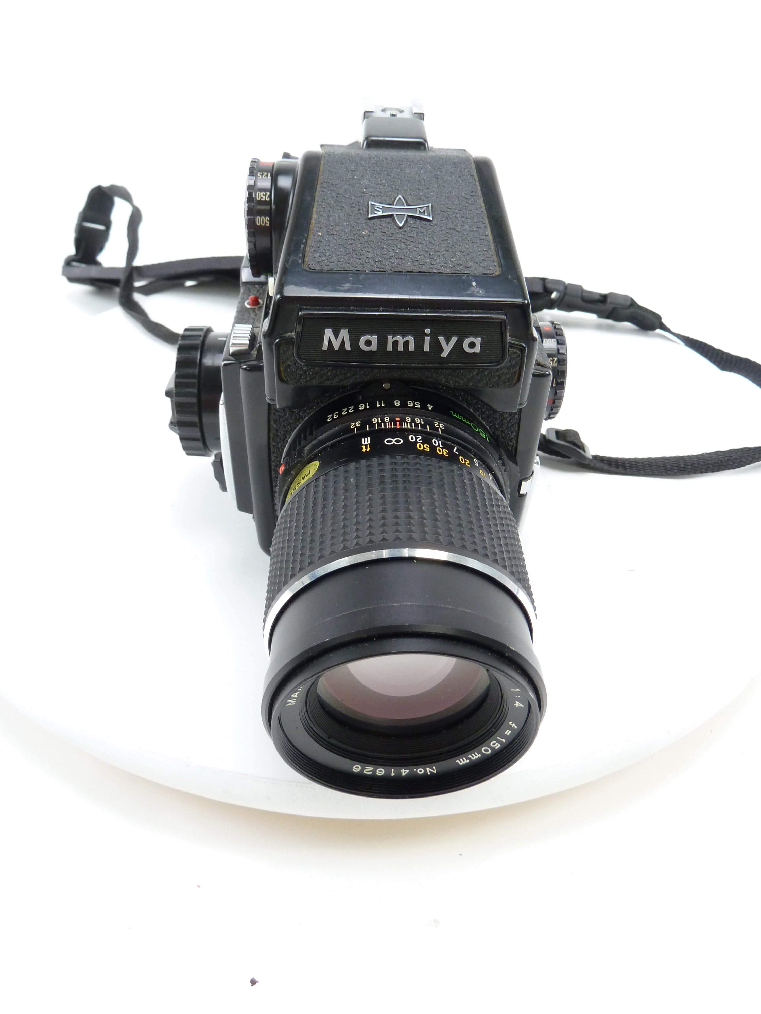 Mamiya M645 Outfit with 150MM F4 C Lens, PD Meter Prism Finder, and Strap